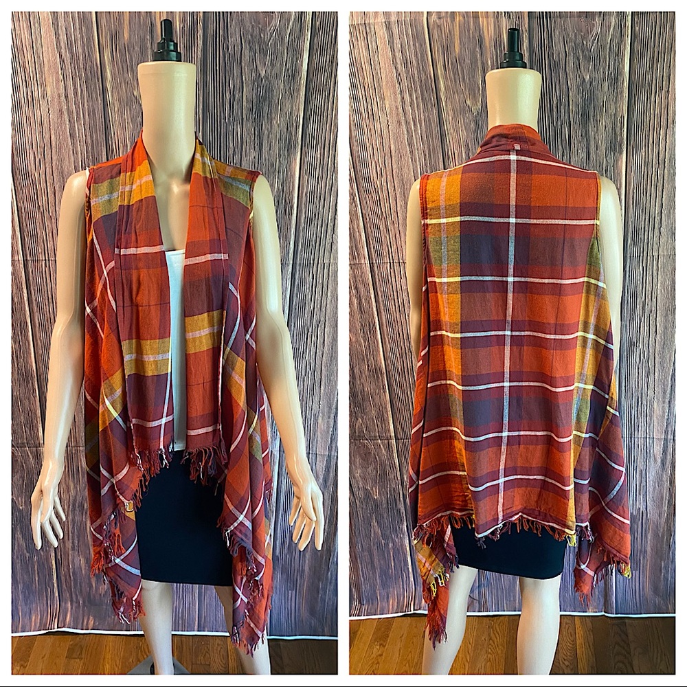 Charming Charlie size small red yellow orange plaid boho distressed flowy